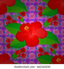 Seamless pattern with cute hibiscus flowers on a blue background. Vector illustration.