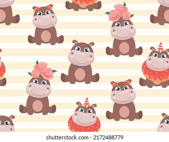 Seamless pattern with cute hippo. Beautiful little animal in festive decorations. Pattern with wild hippopotamus. Design element for wallpaper and print on fabric. Cartoon flat vector illustration.