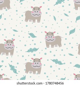 Seamless pattern with cute hippo character. Vector background for kids design on white.