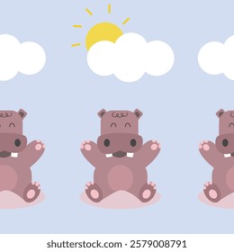 Seamless pattern with cute hippo and clouds on blue background. Suitable for wallpaper, backdrop, wrapping paper, fabrics, textile, packaging, etc