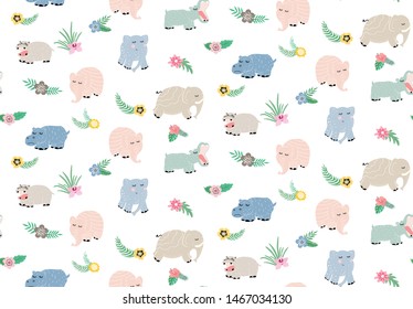 Seamless pattern with cute hippo and elephant. Vector texture in childish style great for fabric and textile, wallpapers, backgrounds, cards design.Vector illustration