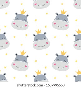 Seamless pattern. Cute hippo face, little princess. Print for wrapping, fabric, wallpaper.