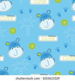 Seamless pattern with cute hippo heads, palms, buttons,buttons