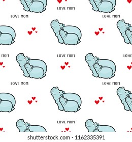 Seamless pattern with Cute hippo mom and baby.Vector background for kids design. Baby print.