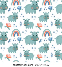 Seamless pattern with cute hippo, rainbows, flowers, leaves and stars. Vector graphic on a white background. Hand drawing for cover design  phone cases,  t-shirt pillow prints, 