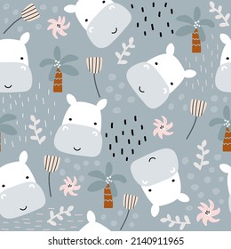 Seamless pattern with cute hippo and tropical plants. Childish print. Vector hand drawn illustration.