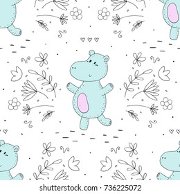 Seamless pattern with cute hippo. vector print