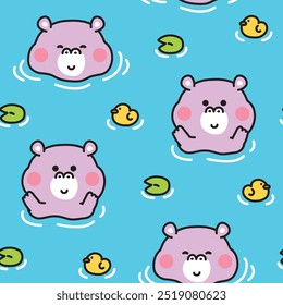 Patrón sin fisuras de hipopótamo lindo permanecer en el fondo del agua. Salvaje. Naturaleza. Río. Pato. Hoja de loto. Diseño de dibujos animados de personajes de animales mamíferos. Kawaii. Vector. Ilustración.