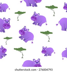 Seamless pattern of cute hippopotamus and trees.