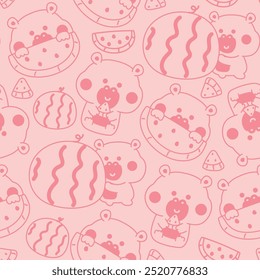 Seamless pattern of cute hippopotamus in various poses with watermelon fruit line hand drawn background.Wild mammals animal character cartoon design.Kawaii.Vector.Illustration.