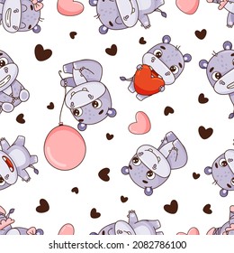 Seamless pattern of cute hippos in cartoon style. Isolated on white. Vector illustration