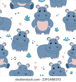 Seamless pattern with cute hippos. Pattern for children's products. Vector illustration isolated on white background.