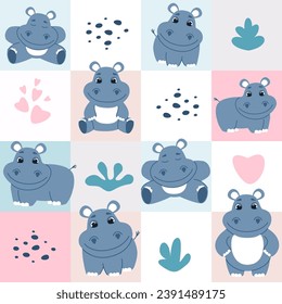 Seamless pattern with cute hippos. Pattern for children's products. Vector illustration isolated on square background.