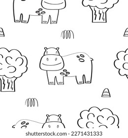 Seamless pattern with cute hippos surrounded by tropical plants in doodle style. Vector illustration isolated on white background for your design