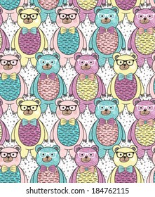 Seamless pattern with cute hipster bears for children or kids.