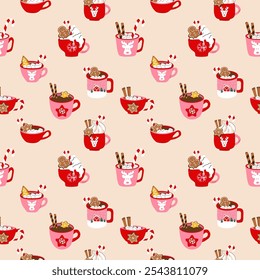 Seamless pattern with cute holiday mugs with a flat cartoon style, featuring a Christmas hot drink