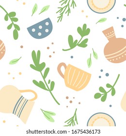 Seamless pattern with cute home ceramic dishes and herbs
