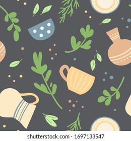 Seamless pattern with cute home ceramic dishes and herbs.