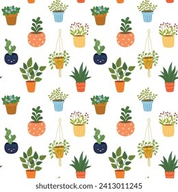 Patrón sin foco con lindas plantas en ollas. Fondo de color vectorial.	