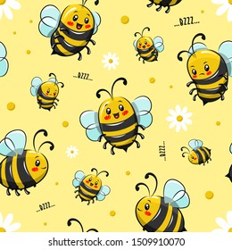 Seamless Pattern Cute Honey Bee Cartoon Illustration