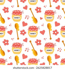Seamless pattern with cute honey jars, hearts and flowers in flat hand drawn style