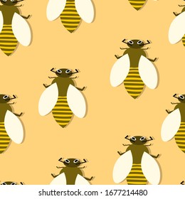 Seamless pattern of cute honeybee macro and view from above. Bright illustration in simple  flat style. 