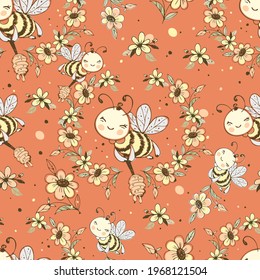 Seamless pattern with cute honeybees. Vector.