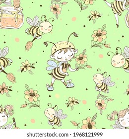 Seamless pattern with cute honeybees. Vector.