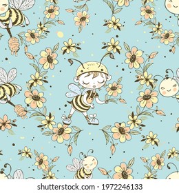 Seamless pattern with cute honeybees. Vector.