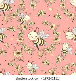 Seamless pattern with cute honeybees. Vector.