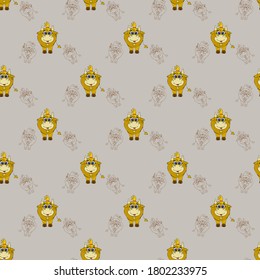 Seamless pattern with a cute horned animal - a yellow cow with a haircut and a bell on the neck on a light background. And outline drawings of a bull and a cow - Symbol of 2021. Vector