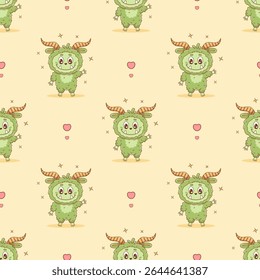 Seamless pattern Cute horned Green Monster on yellow background. Cartoon Funny kawaii character animal. Vector illustration. Kids collection