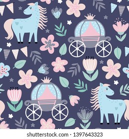 Seamless pattern with cute horse, carriage and flowers in cartoon style on a blue background. Kids lovely texture for fabric, wrapping, textile, wallpaper and apparel in vector.
