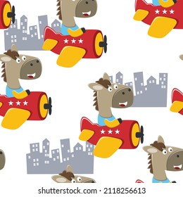 Seamless pattern of cute horse flying in an airplane, Creative vector childish background for fabric textile, nursery wallpaper, brochure. and other decoration.