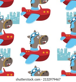 Seamless pattern of cute horse flying in an airplane, Creative vector childish background for fabric textile, nursery wallpaper, brochure. and other decoration.