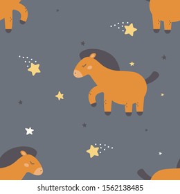 Seamless pattern with cute horse. Good night print with animal.