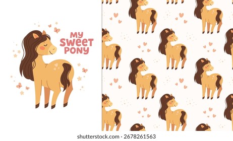 Patrón sin fisuras con el caballo lindo y la impresión. Pequeño pony amarillo con larga melena ondulada. Patrón pastel para productos para bebés