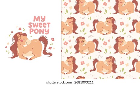 Seamless pattern with cute horse and print. Small pony with long wavy mane for babies. Pastel pattern for kids products