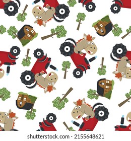 seamless pattern of Cute horse and tractor in the farm, Creative vector childish background for fabric textile, nursery, baby clothes, wrapping paper and other decoration.