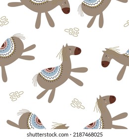 Seamless pattern with cute horses in boho style. Vector illustration isolated on white background for your design