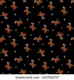 Patrón sin foco con caballos lindos. Granja de estilo dibujado a mano. Diseño para tela, textil, papel pintado, embalaje.