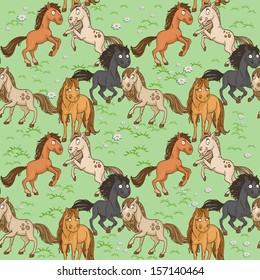 Seamless pattern of cute horses frolicking on a green lawn