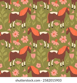 Seamless pattern with cute horses and meadow flowers on a green background
