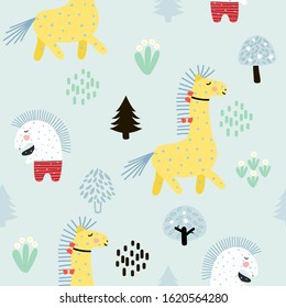 Seamless pattern with cute horses on a background of flowers and trees.  The drawing is suitable for children's fabrics, textiles, children's wallpaper.