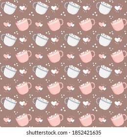 Seamless pattern with cute hot chocolate mugs and hearts. For wrapping paper, textile, wall paper, scrapbooking, etc.