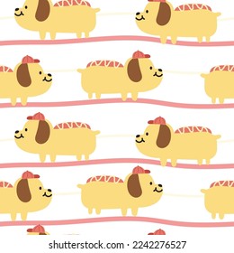 Patrón sin inconvenientes de un lindo puesto de mascota de perro caliente sobre fondo blanco. Diseño divertido de dibujos animados de animales. Comida. Kawaii.Vector.Ilustración.