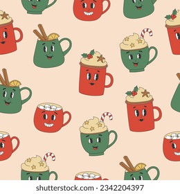 Seamless pattern of cute hot drinks characters in y2k groovy style. Red and green cups on pink background for Christmas design. Vector illustration