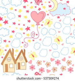 Seamless pattern with cute house, balloon, butterfly, clouds, moon, ladybug, stars, flowers and hearts. 