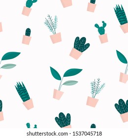  Patrón sin inconvenientes con las plantas de la casa en las macetas. Ilustración vectorial. 
