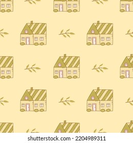 Seamless pattern with cute house with shrubs growing nearby. Autumn branch. Colorful vector doodle illustration. Sweet home hand drawn. Wrapping or textile print. Paper art template
